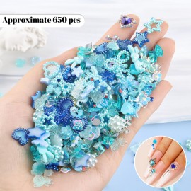 600Pcs Cute 3D Nail Charms and Gems, Blue Rabbit Bow Charms Alloy Butterfly Heart Star Nail Jewels with Nail Rhinestones, Mixed Gold Nail Studs Charms and Glitter Nail Sequins for Nail Design (Blue)