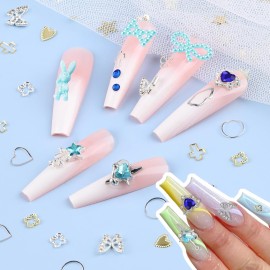 600Pcs Cute 3D Nail Charms and Gems, Blue Rabbit Bow Charms Alloy Butterfly Heart Star Nail Jewels with Nail Rhinestones, Mixed Gold Nail Studs Charms and Glitter Nail Sequins for Nail Design (Blue)