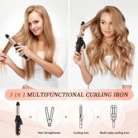 HCRTGAY Curling Iron,Cordless Rechargeable Curling Iron,Cordless Hair Curler(3 Gear),Travel Mini Flat Iron 4000 mAh,Battery Straightener and Curler 2 in 1 for Long Short Hair(Rose Gold & Black)