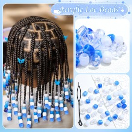 VENOFEN 48PCS Blue Dreadlock Beads White Clear Hair Beads Acrylic Pony Beads Cute Braids Accessories Loc Hair Decoration for Kids Girls Jewelry Making Kit
