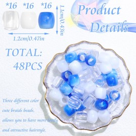VENOFEN 48PCS Blue Dreadlock Beads White Clear Hair Beads Acrylic Pony Beads Cute Braids Accessories Loc Hair Decoration for Kids Girls Jewelry Making Kit