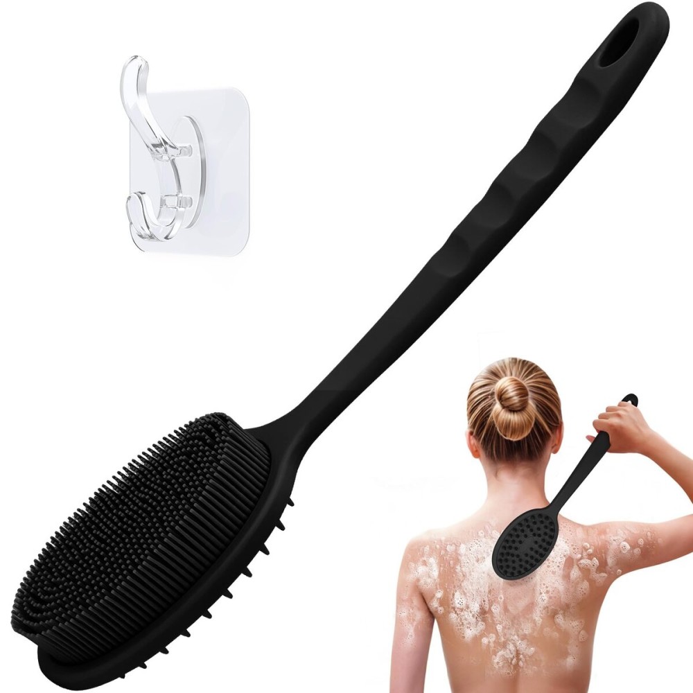 GEENOA Silicone Back Scrubber for Shower, Soft Silicone Loofah with Handle, Gentle Exfoliating Back Scrubber, Back Brush Bath Brush with Dual-Side & Detachable Brush Head(Black)
