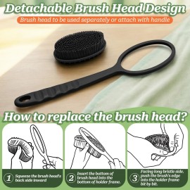 GEENOA Silicone Back Scrubber for Shower, Soft Silicone Loofah with Handle, Gentle Exfoliating Back Scrubber, Back Brush Bath Brush with Dual-Side & Detachable Brush Head(Black)