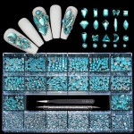 Yzzseven 14 Types of 700 Lake Blue Diamonds + 2100 Flat Rhinestones Mix 20 Styles Flatback DIY Crafts Rhinestone Crystals 3D Ornaments Flat Back Stones Set + Tweezers + Drill Pen