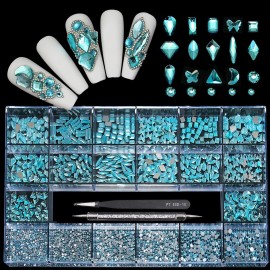 Yzzseven 14 Types of 700 Lake Blue Diamonds + 2100 Flat Rhinestones Mix 20 Styles Flatback DIY Crafts Rhinestone Crystals 3D Ornaments Flat Back Stones Set + Tweezers + Drill Pen