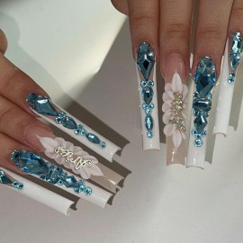 Yzzseven 14 Types of 700 Lake Blue Diamonds + 2100 Flat Rhinestones Mix 20 Styles Flatback DIY Crafts Rhinestone Crystals 3D Ornaments Flat Back Stones Set + Tweezers + Drill Pen