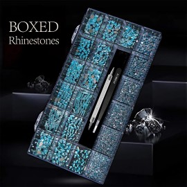 Yzzseven 14 Types of 700 Lake Blue Diamonds + 2100 Flat Rhinestones Mix 20 Styles Flatback DIY Crafts Rhinestone Crystals 3D Ornaments Flat Back Stones Set + Tweezers + Drill Pen