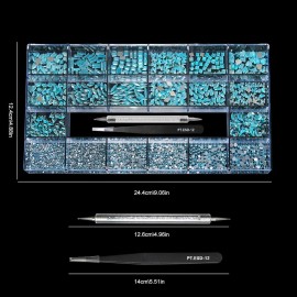 Yzzseven 14 Types of 700 Lake Blue Diamonds + 2100 Flat Rhinestones Mix 20 Styles Flatback DIY Crafts Rhinestone Crystals 3D Ornaments Flat Back Stones Set + Tweezers + Drill Pen