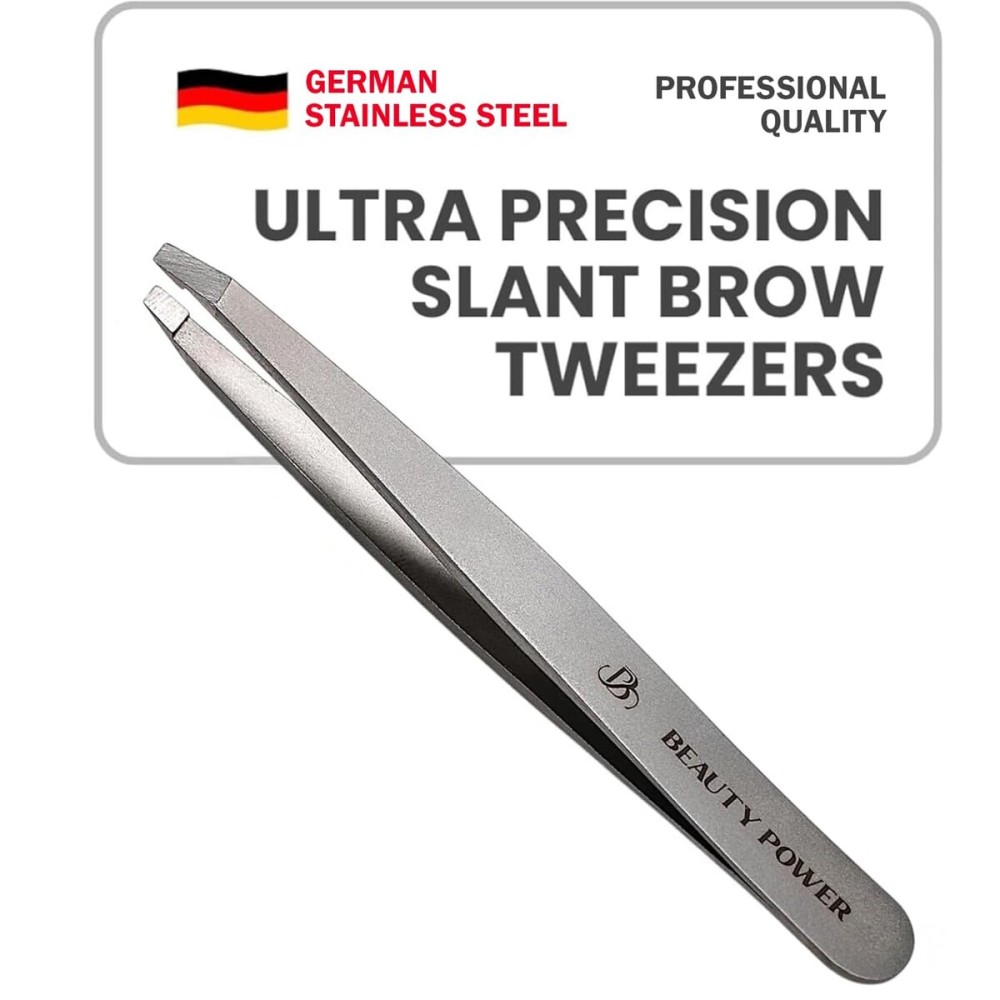 Beauty Power Ultra-Precision Professional Slant Tweezers for Women Facial Hair - German Stainless Steel, Lightweight Black Tweezers for Women & Men, Ideal for Eyebrow & Facial Grooming (Matte Gray)