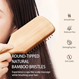 Bamboo Hair Brush with Natural Bamboo Bristles - Detangling Paddle Hairbrush for Women, Men & Kids - Wooden Brush for All Hair Types & Hair Growth