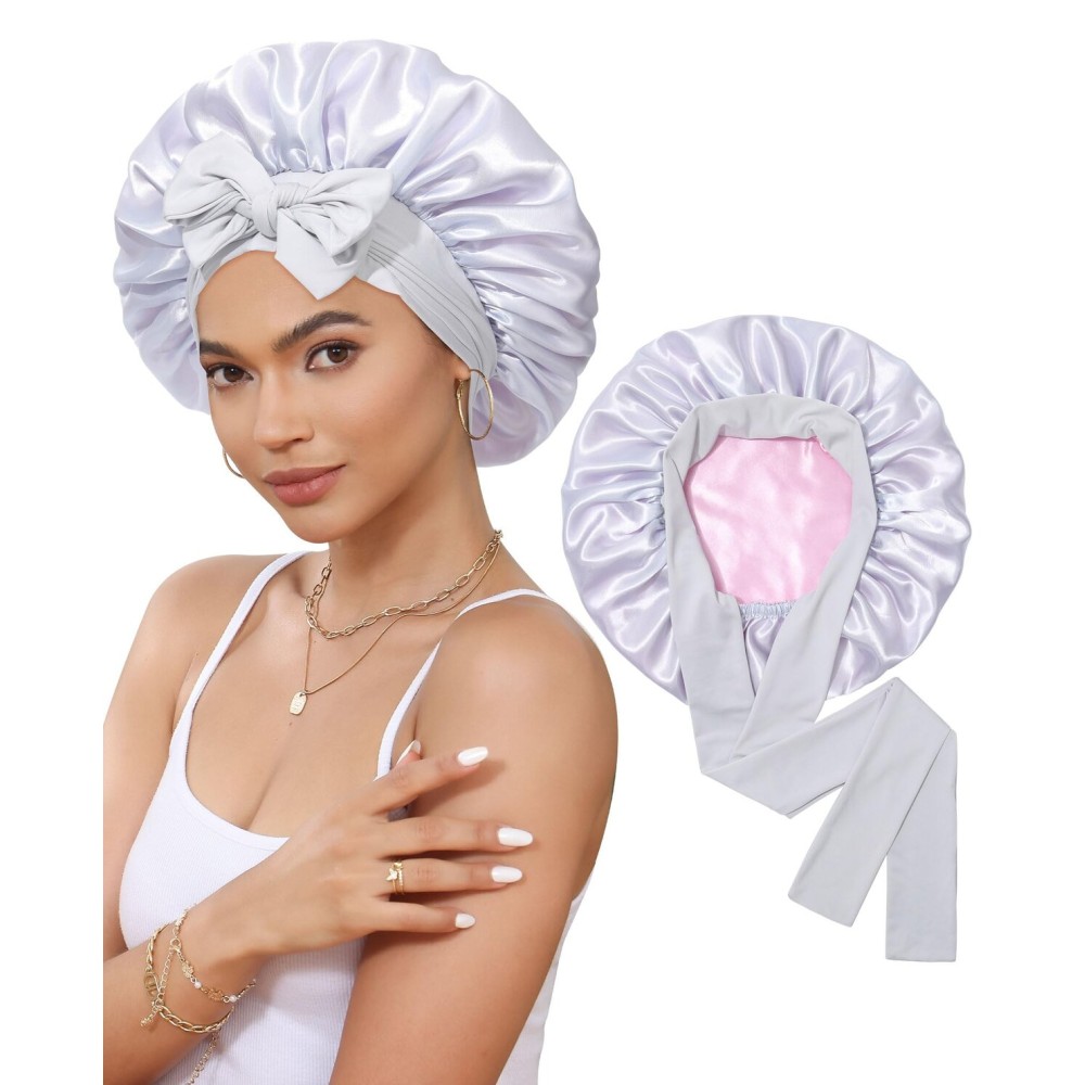 Satin Bonnet Silk Bonnet for Sleeping Silk Sleep Cap Double Layer Hair Bonnet with Elastic Tie Band for Curly Hair Night Cap (Light silver+Pink)