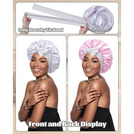 Satin Bonnet Silk Bonnet for Sleeping Silk Sleep Cap Double Layer Hair Bonnet with Elastic Tie Band for Curly Hair Night Cap (Light silver+Pink)
