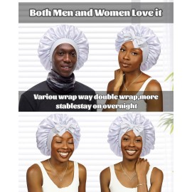 Satin Bonnet Silk Bonnet for Sleeping Silk Sleep Cap Double Layer Hair Bonnet with Elastic Tie Band for Curly Hair Night Cap (Light silver+Pink)