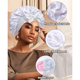 Satin Bonnet Silk Bonnet for Sleeping Silk Sleep Cap Double Layer Hair Bonnet with Elastic Tie Band for Curly Hair Night Cap (Light silver+Pink)