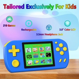 TEBIYOU Handheld Games for Kids Built-in 218 Video Games, Portable Kids Travel Toys for Ages 4-13 with Rechargeable Battery 3.0 HD Screen, Mini Gaming Player Birthday Gifts for Boys Girls (Blue)