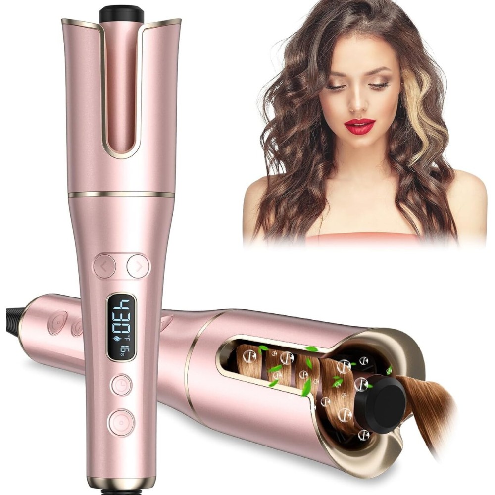 Automatic Curling Iron, Auto Hair Curler Wand with 4 Temperatures & 3 Timers & LCD Display, Curling Iron with 1 Large Rotating Barrel, Dual Voltage Auto Shut-Off Spin Iron for Hair Styling