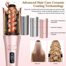 Automatic Curling Iron, Auto Hair Curler Wand with 4 Temperatures & 3 Timers & LCD Display, Curling Iron with 1 Large Rotating Barrel, Dual Voltage Auto Shut-Off Spin Iron for Hair Styling