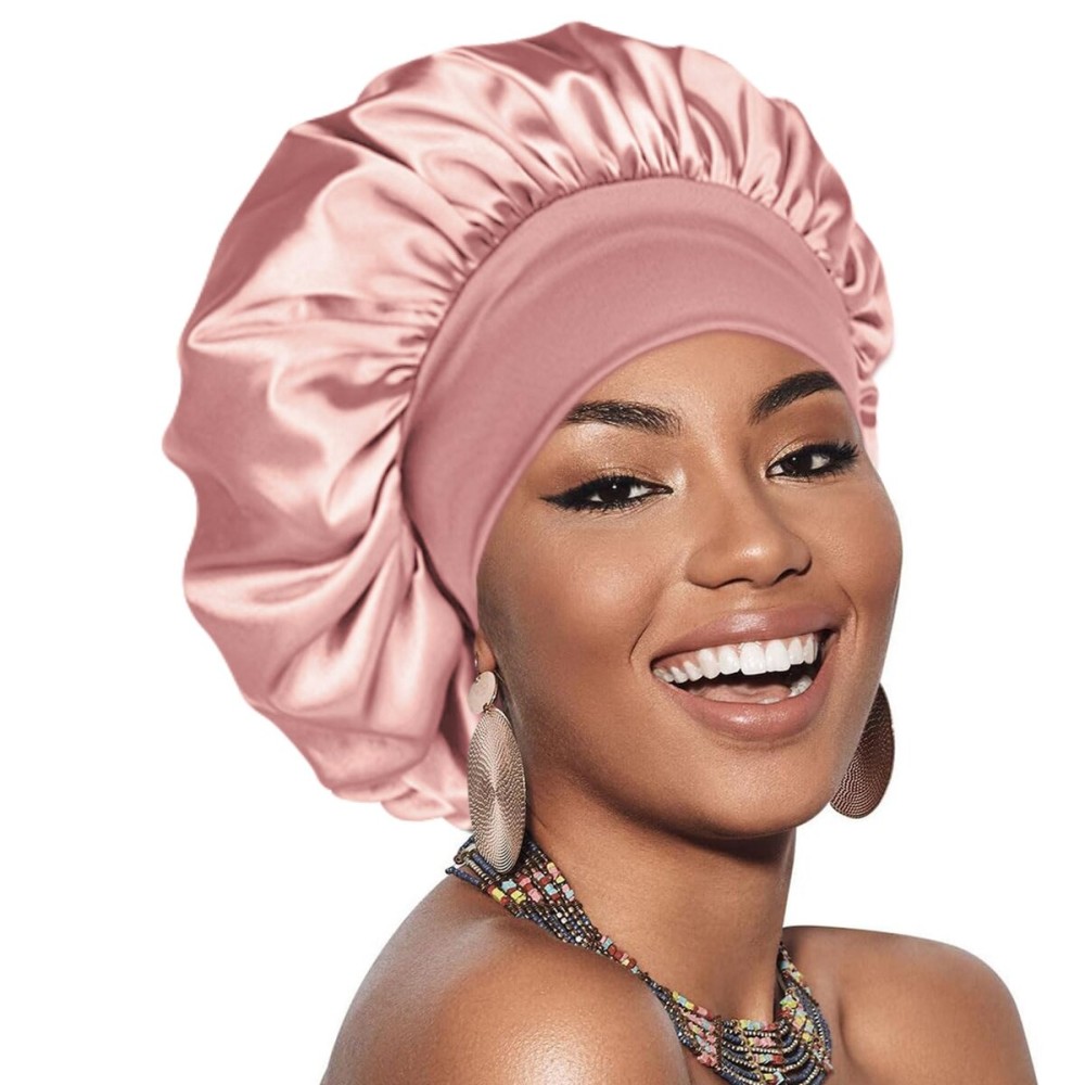 Adubor Silk Bonnet for Sleeping Women Men - Larger Double Layer Satin Bonnet - Non-Slip Silk Turban - Hair Bonnets for Sleeping - Sleep Cap for Curly Hair (Pink)