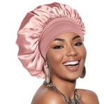 Adubor Silk Bonnet for Sleeping Women Men - Larger Double Layer Satin Bonnet - Non-Slip Silk Turban - Hair Bonnets for Sleeping - Sleep Cap for Curly Hair (Pink)