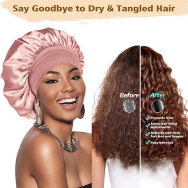 Adubor Silk Bonnet for Sleeping Women Men - Larger Double Layer Satin Bonnet - Non-Slip Silk Turban - Hair Bonnets for Sleeping - Sleep Cap for Curly Hair (Pink)