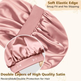 Adubor Silk Bonnet for Sleeping Women Men - Larger Double Layer Satin Bonnet - Non-Slip Silk Turban - Hair Bonnets for Sleeping - Sleep Cap for Curly Hair (Pink)