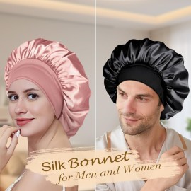 Adubor Silk Bonnet for Sleeping Women Men - Larger Double Layer Satin Bonnet - Non-Slip Silk Turban - Hair Bonnets for Sleeping - Sleep Cap for Curly Hair (Pink)