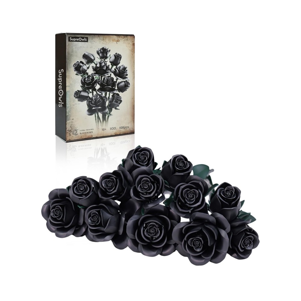 Black Roses Bouquet Building Set, Gothic Horror Flowers Botanical Collection Blocks Kit Compatible with Lego for Adults Women - Gift for Halloween & Valentines - Artificial Plant Home Decor - IA11001