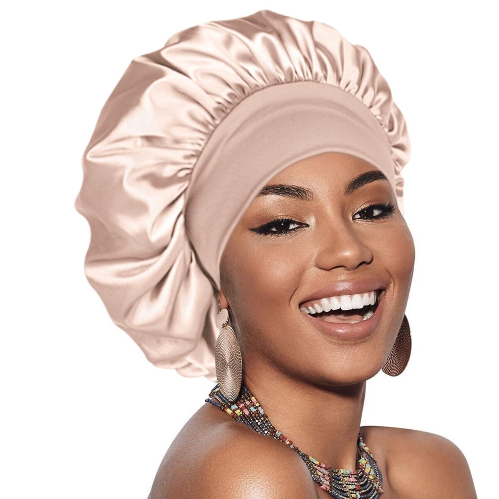 Adubor Silk Bonnet for Sleeping Women Men - Double Layer Satin Bonnet - Non-Slip Silk Turban - Hair Bonnet for Sleeping - Sleep Cap for Curly Hair (Beige)