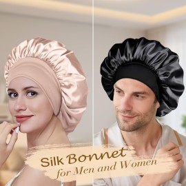 Adubor Silk Bonnet for Sleeping Women Men - Double Layer Satin Bonnet - Non-Slip Silk Turban - Hair Bonnet for Sleeping - Sleep Cap for Curly Hair (Beige)