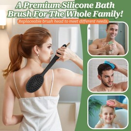 GEENOA Silicone Face & Back Scrubber Set, Manual Face & Body Scrubber Exfoliator with Soft Bristles and Non-Slip Handle, Back Brush Bath Brush with 2 Detachable Brush Heads(3PCS Black Set)