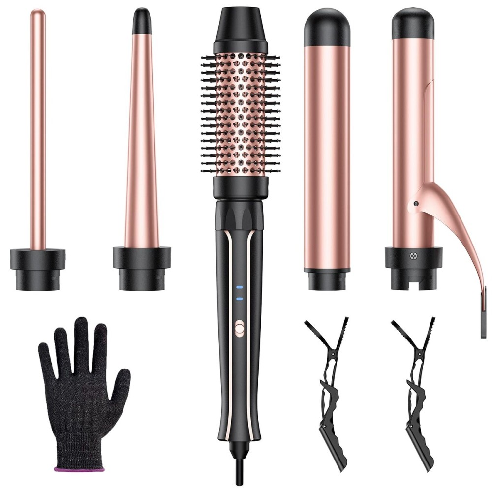 Vylto 5 in 1 Curling Iron Set-Instant Heat Hair Curling Wand Set with Curling Brush,4 Interchangeable Ceramic Wands (0.35-1.25) and Heat Protective Glove & 2 Clips for Girls and Women