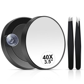 MIYADIVA 40X Magnifying Mirror, 3.5 Inch Round Compact Mirror with Suction Cup, Stainless Steel Tweezers, Perfect for Makeup, Eyebrows, Beards, Travel