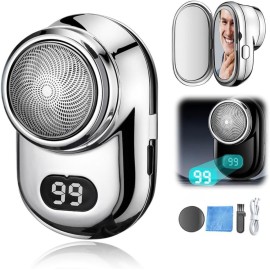 Mini Electric Shaver, 2024 New Fast Charging Digital Display Mini Portable with Mirror, USB Rechargeable Powerful Storm Shaver for Men Mini Electric Razor Beard Trimmer (Silver)